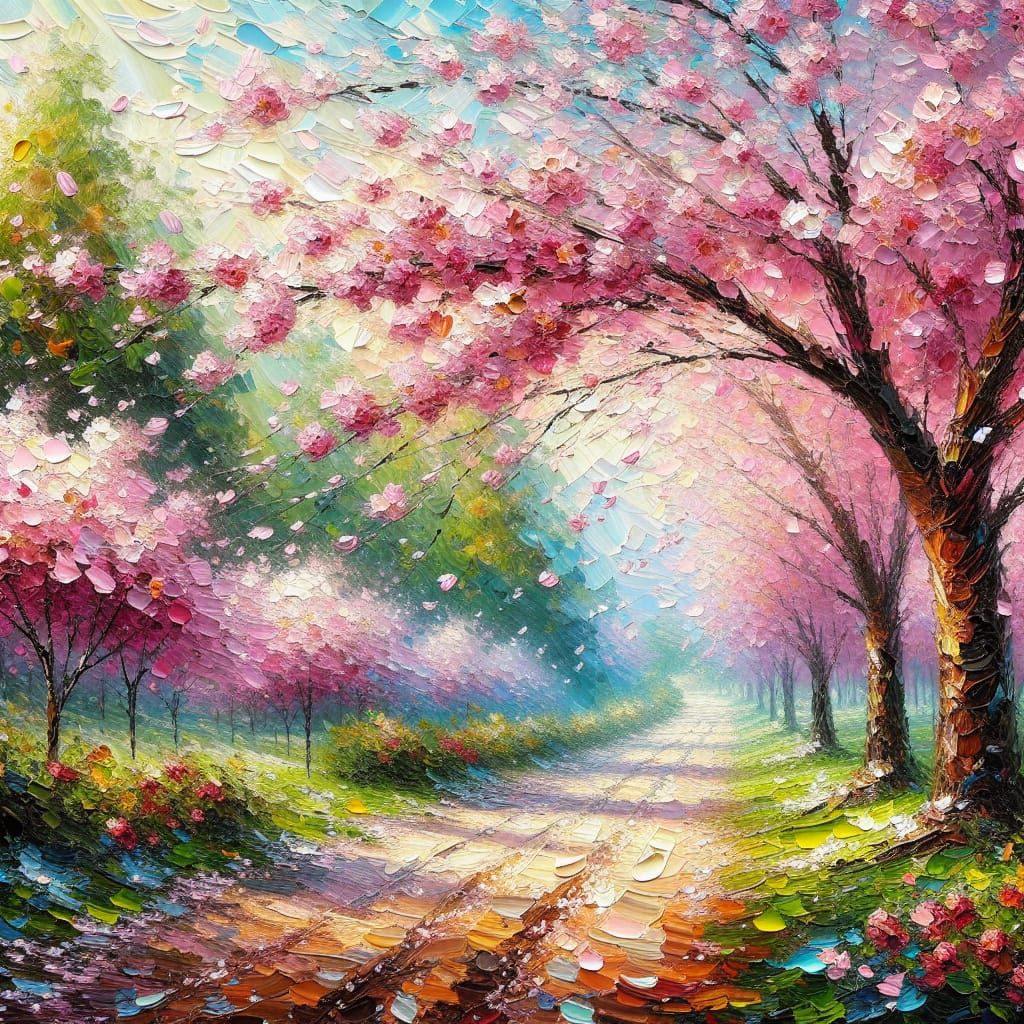 Surreal Cherry Blossom Landscape in Impasto Oil Painting