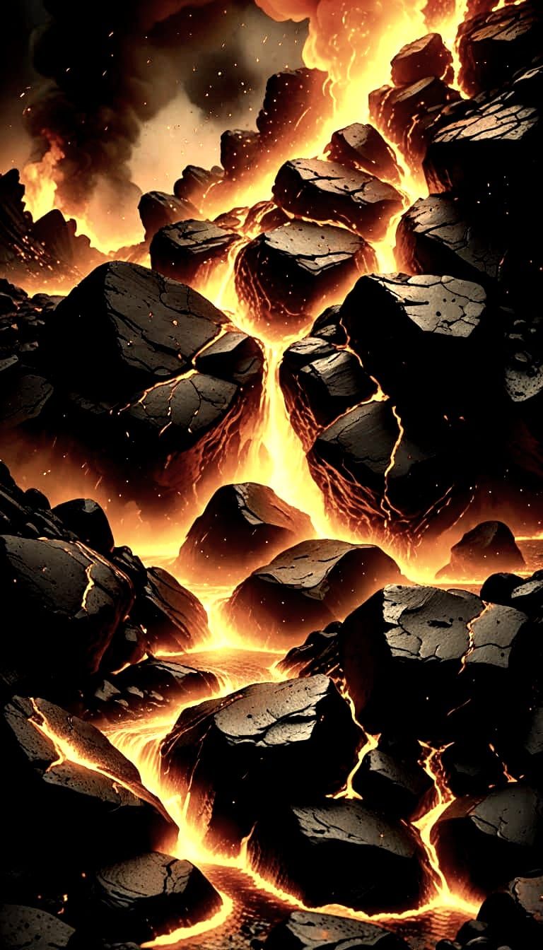 Molten Gold Streams Amidst Fiery Lava Rocks