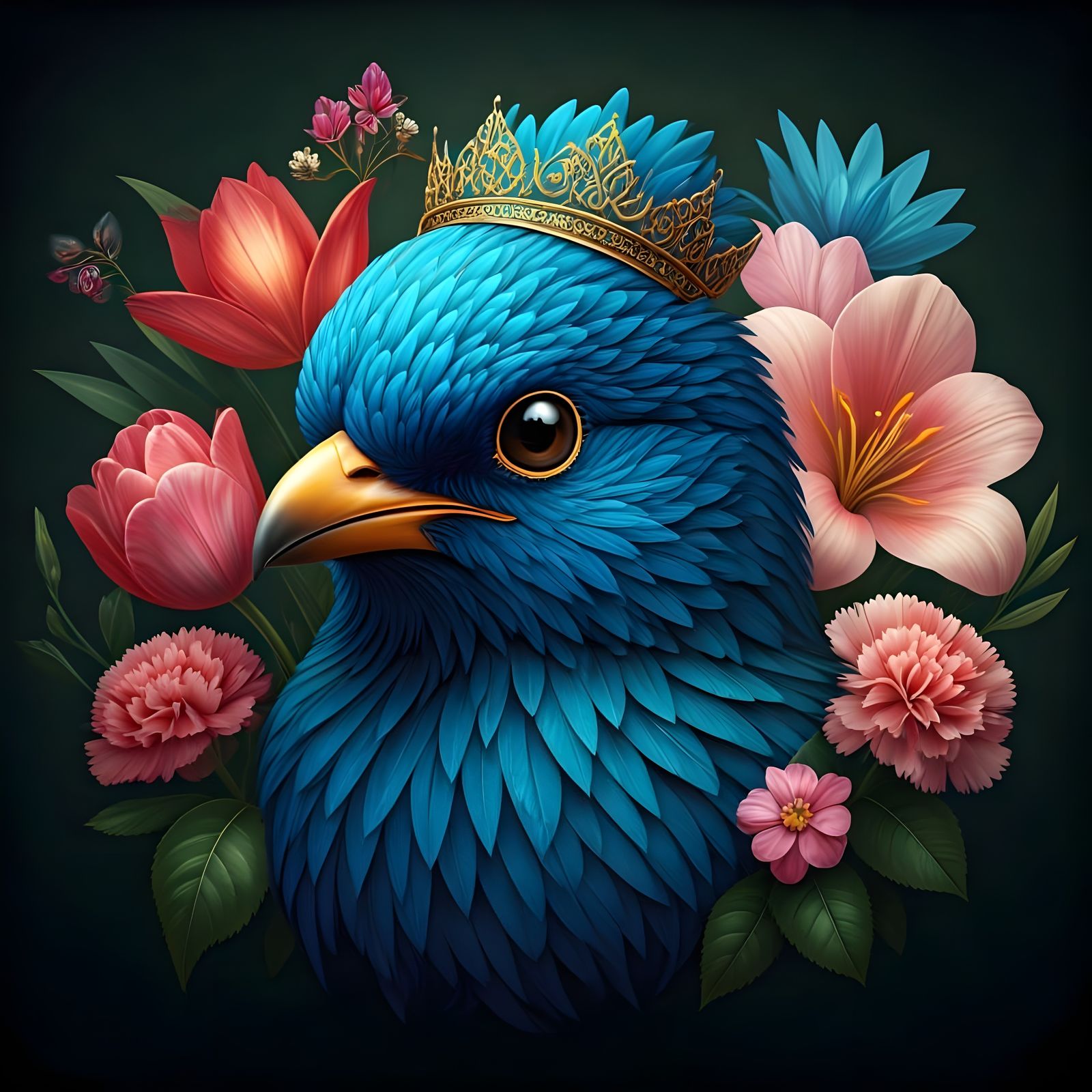 Intricate Blue Bird with Crown in Baroque Flower Garden
