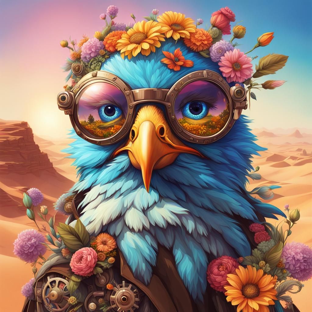 Steampunk Bird on Desert Planet in Digital Art