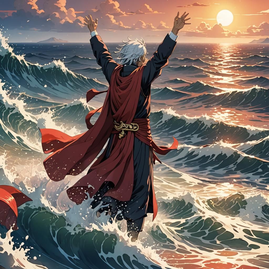 Moses Parting Red Sea in Manga Anime Style