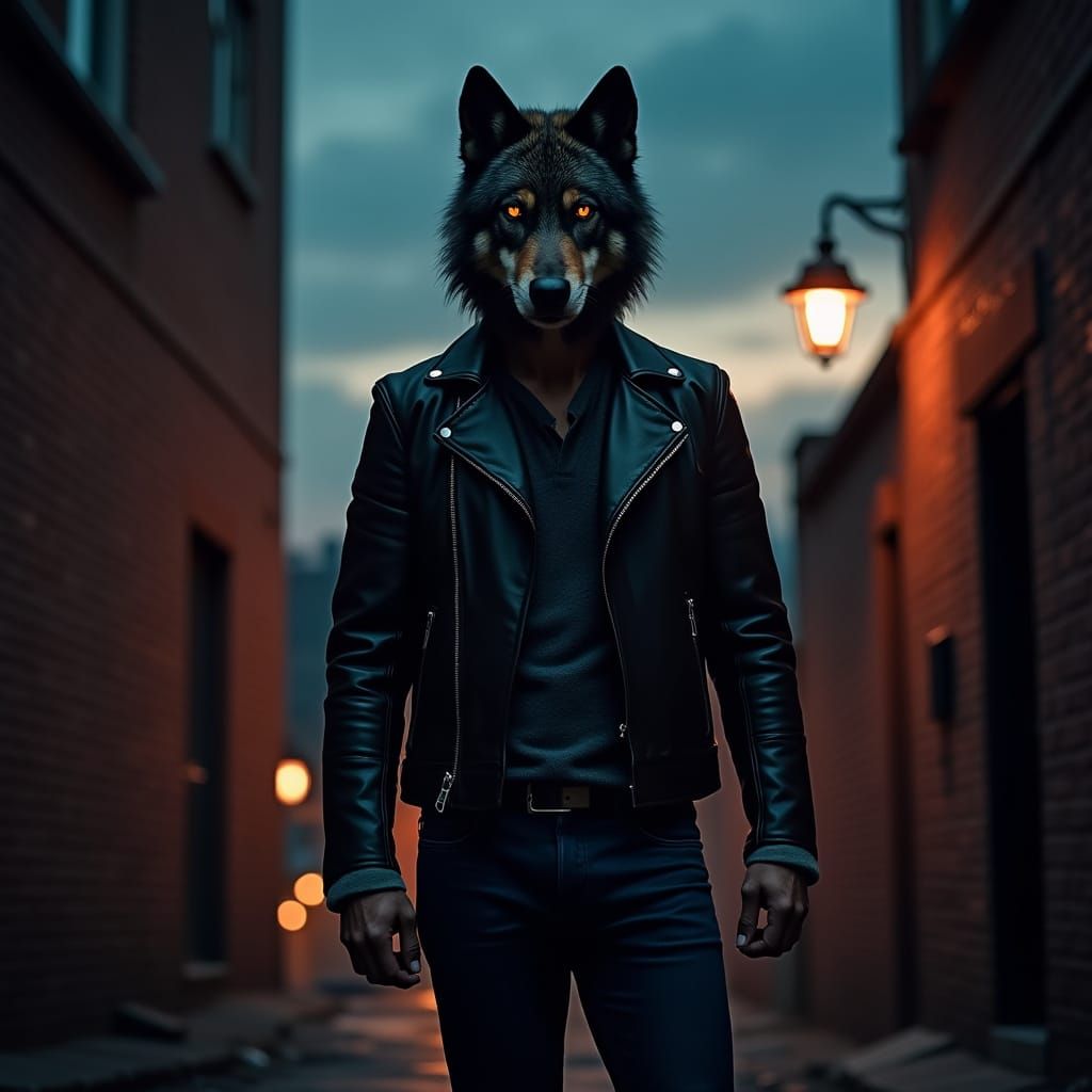 Confident Sigma Male in Dark Alleyway Cityscape with Wolf He...