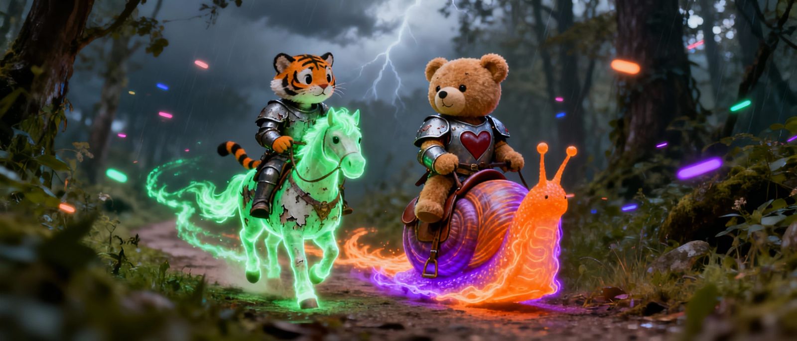 Cute Knights on Magical Mounts in Neon Forest