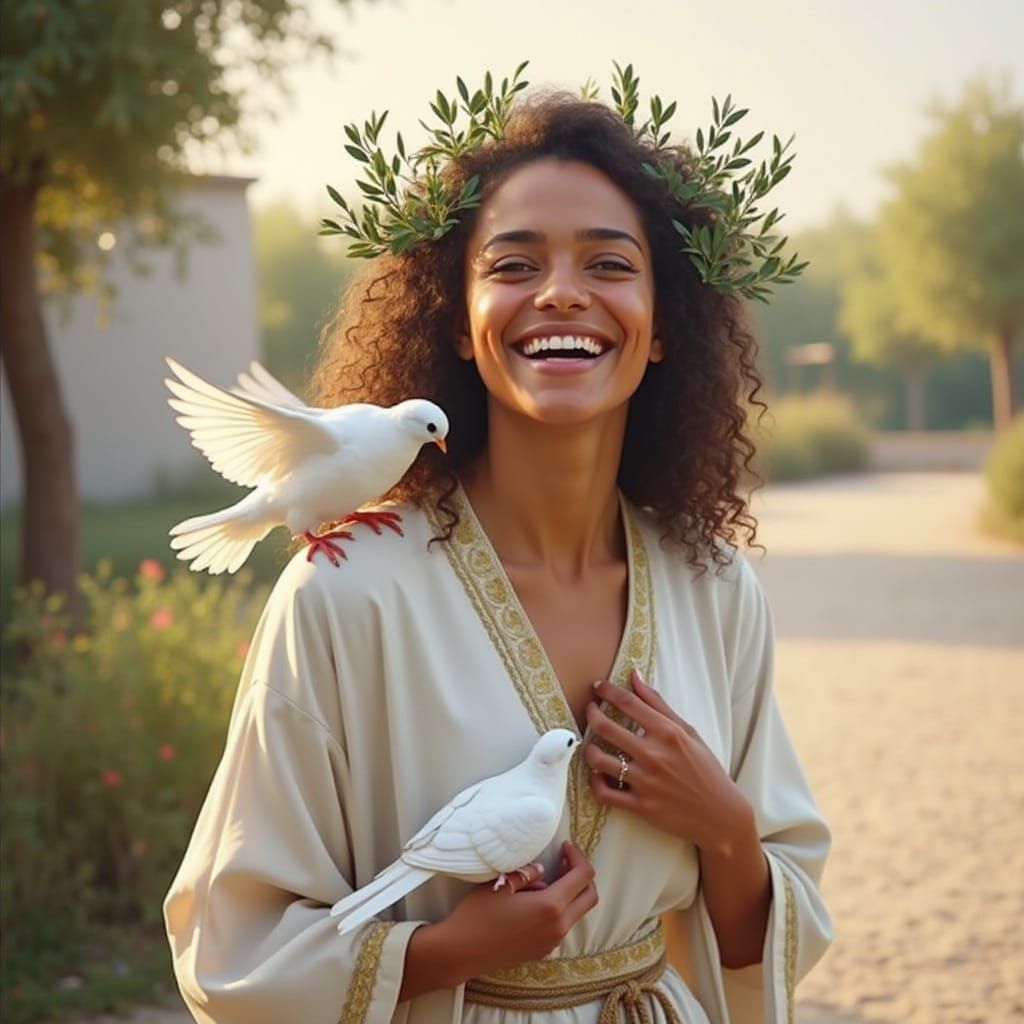 Joyful Woman with Doves and Olive Branches