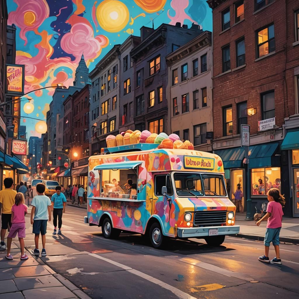 Colorful Pop Art Ice Cream Truck Scene