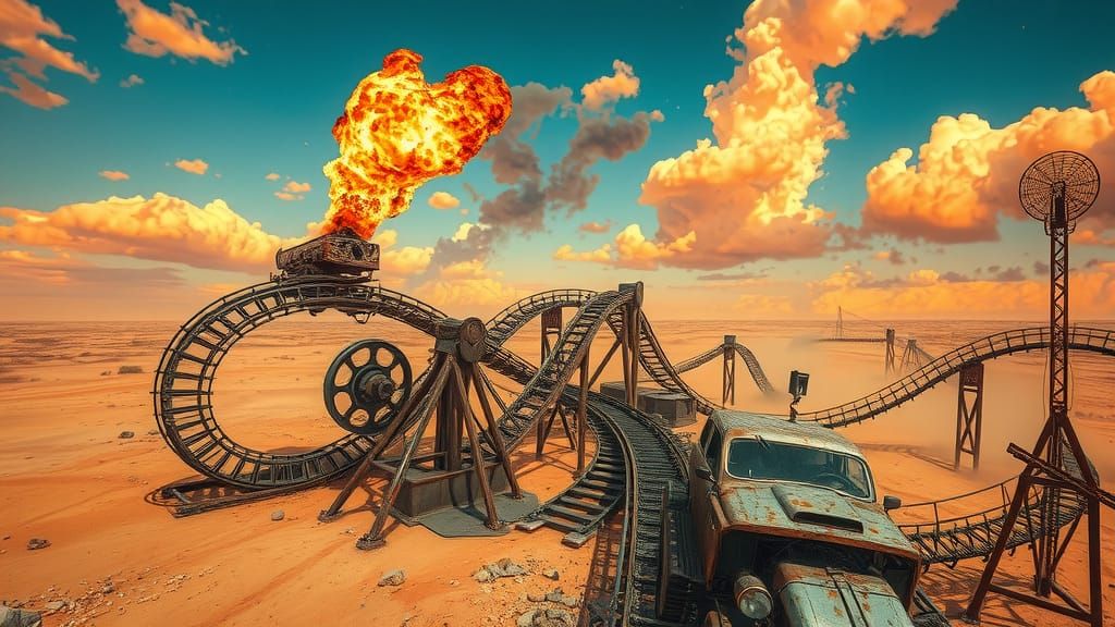 Post-Apocalyptic Roller Coaster in Wasteland Landscape