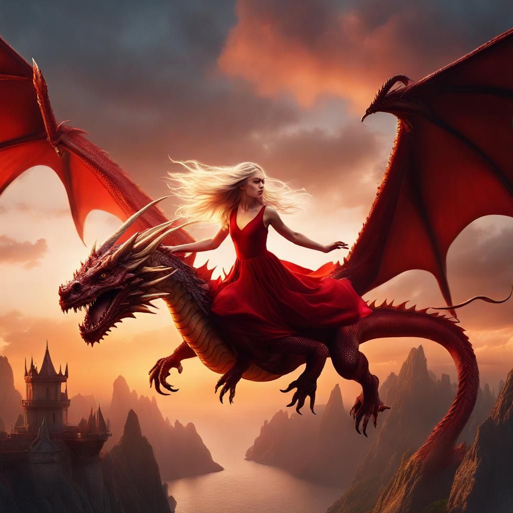 Girl Rides Dragon at Sunset: Fantasy Concept Art