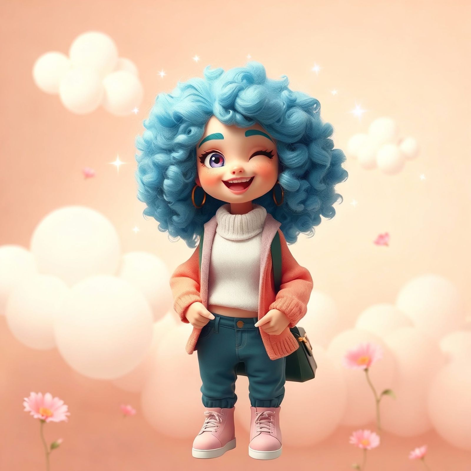 Adorable 3D Character with Curly Pastel Hair