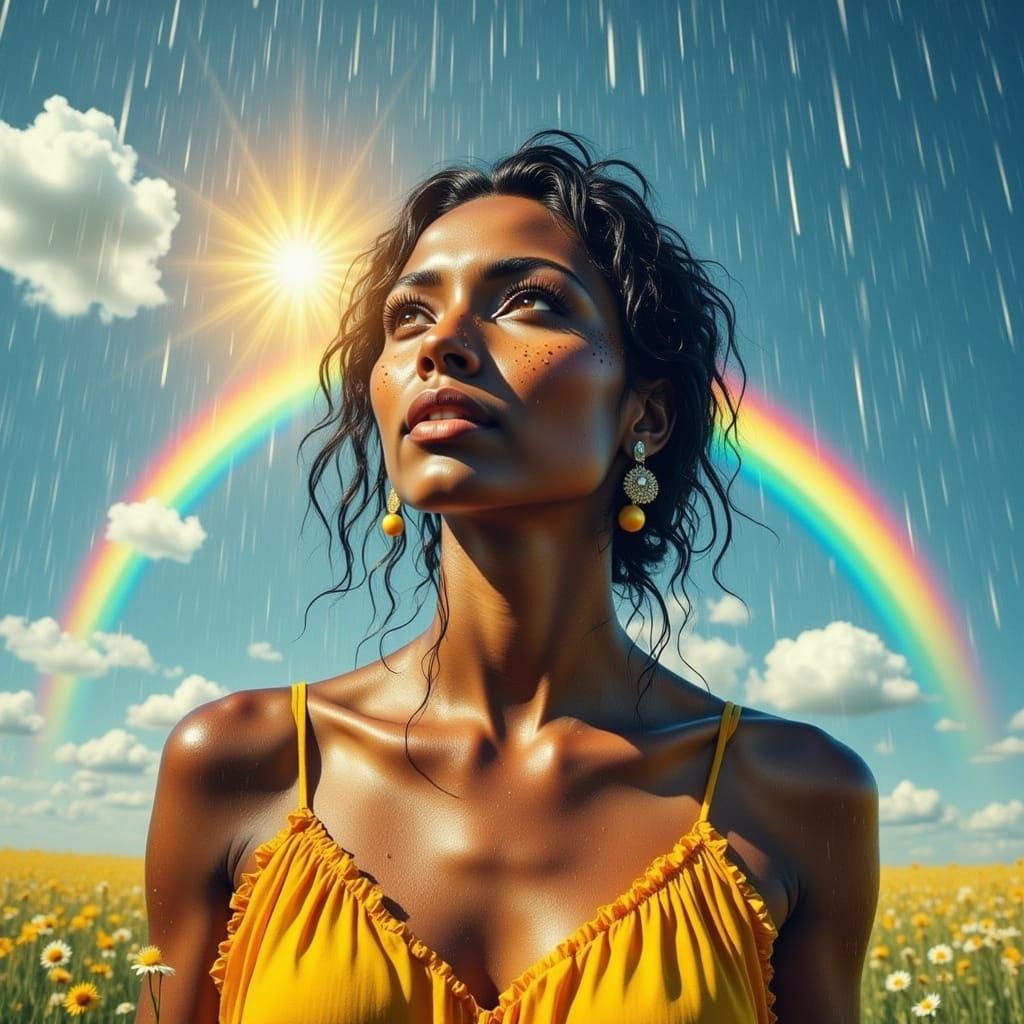 Woman in Summer Rain with Double Rainbow