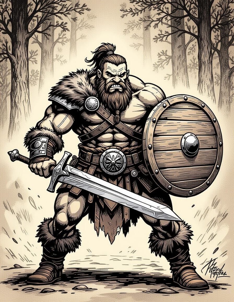 Brawny Barbarian with Sword, Inked Illustration