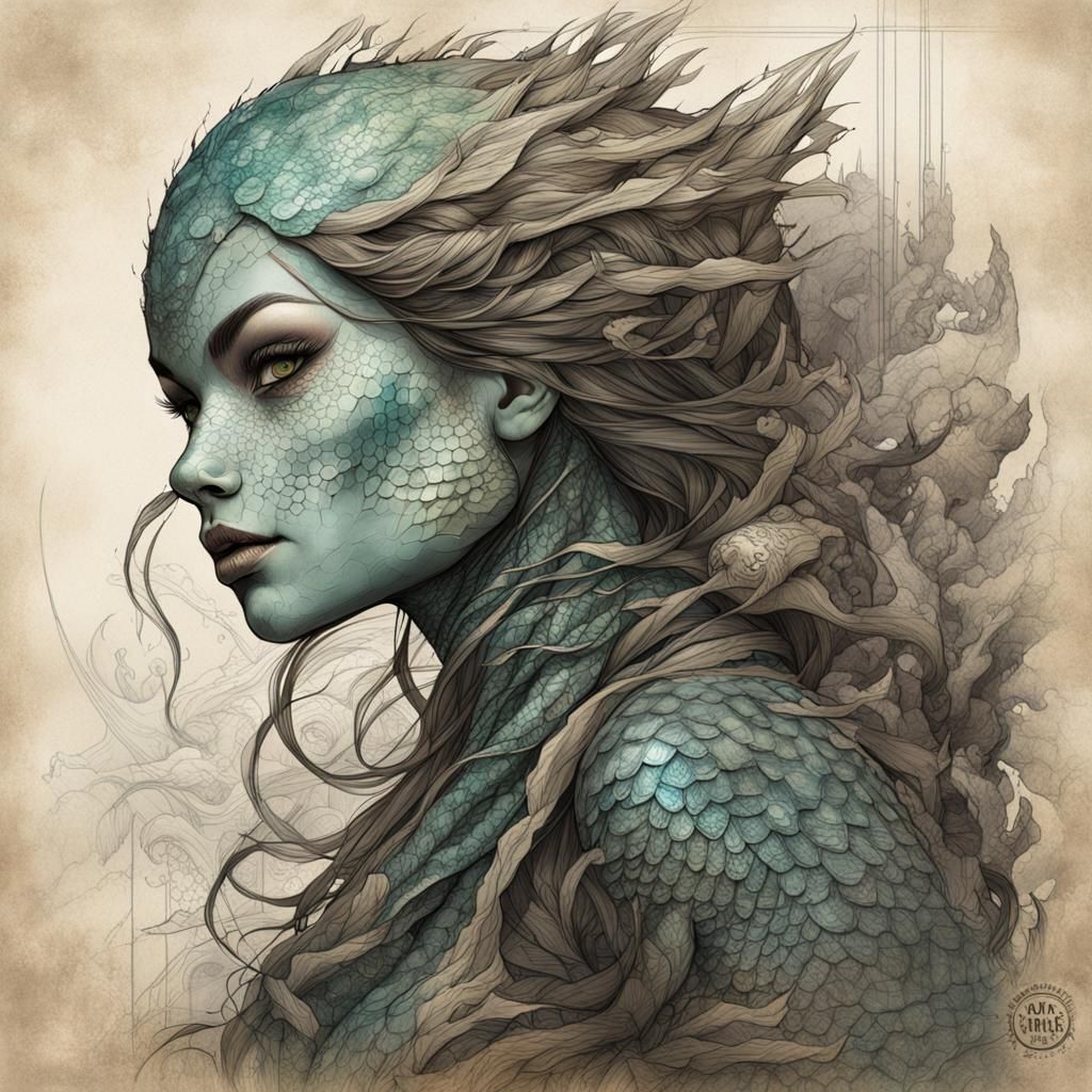 Reptilian Mermaid: Digital Sketch in Disney 3D Style