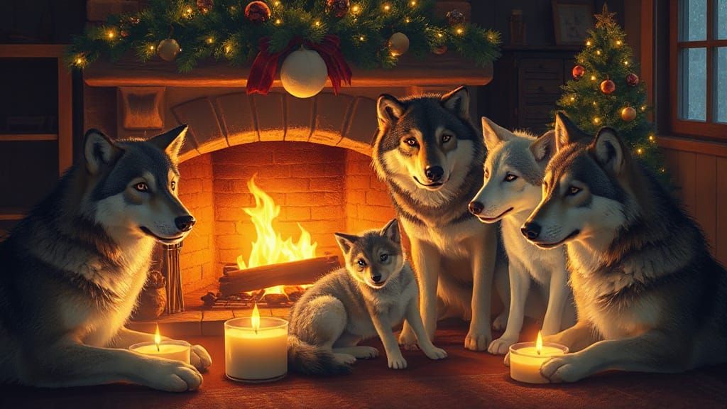 Cozy Wolf Pack by Fireplace in Advent Scene