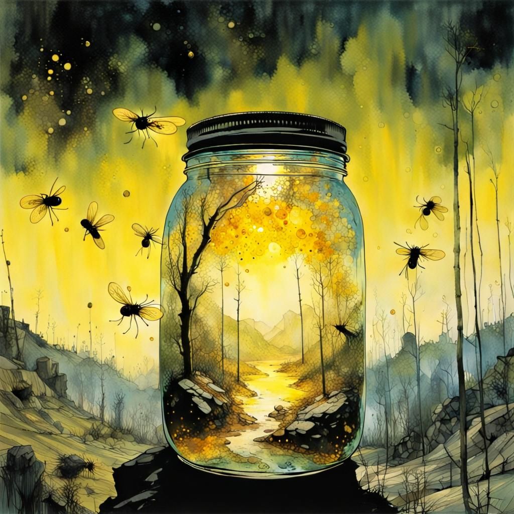 Fireflies in Jar, Underground Landscape in Graphic Style