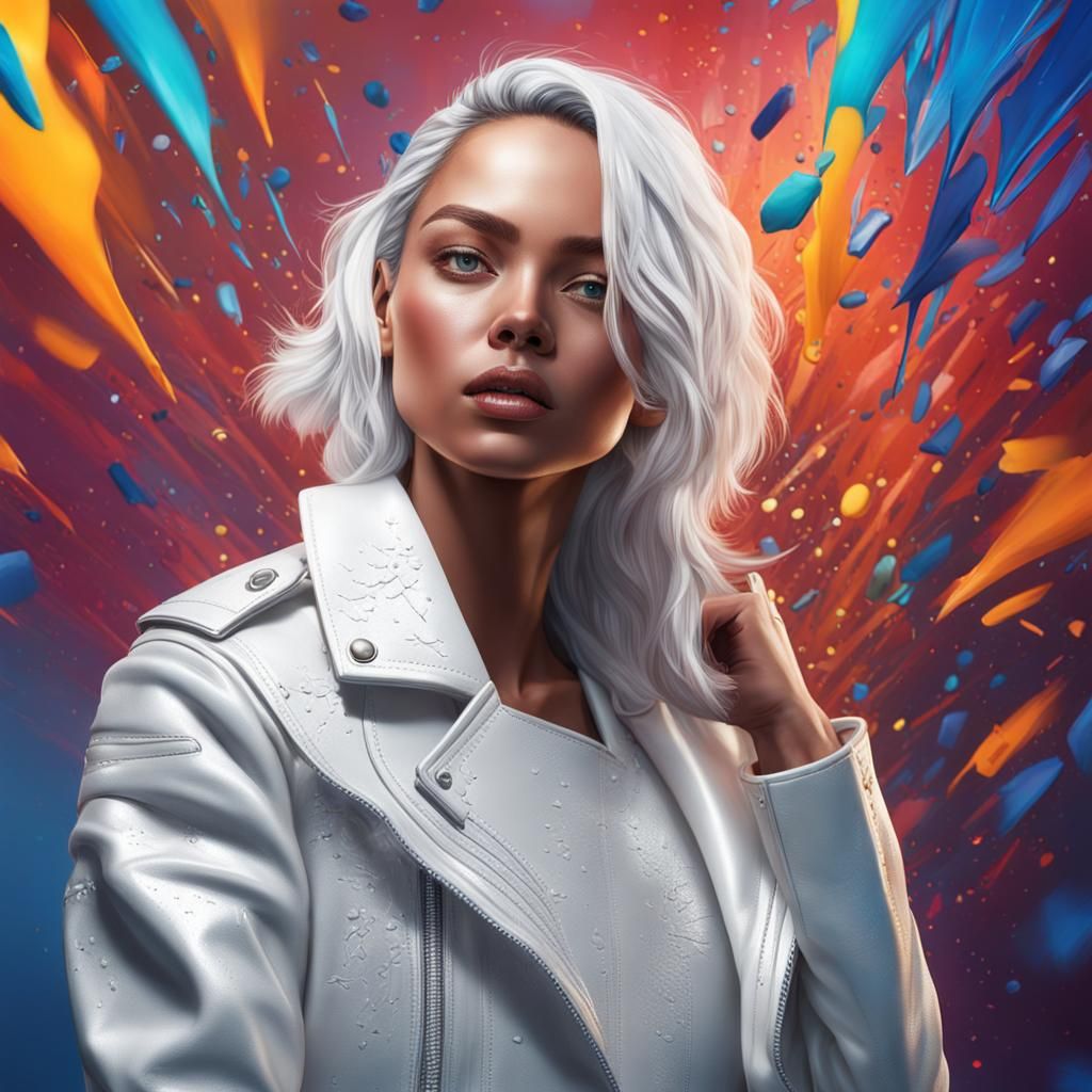 Hyperrealistic Woman in White Leather, Splash Art