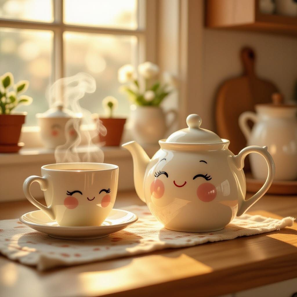 Whimsical Teapot and Cup in Storybook Style