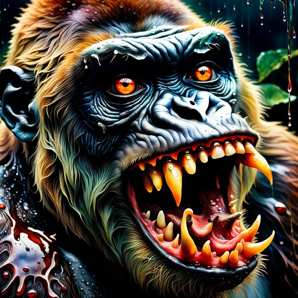 Grotesque surrealism. Close-up. Terrible ugly Gorilla with eyes, huge teeth, wet deer eyes, slime. Macro photography. Hi...