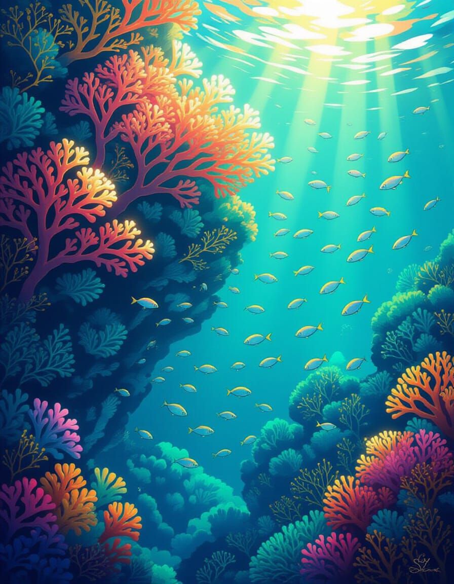 Magical Coral Reef with Golden Geometric Patterns