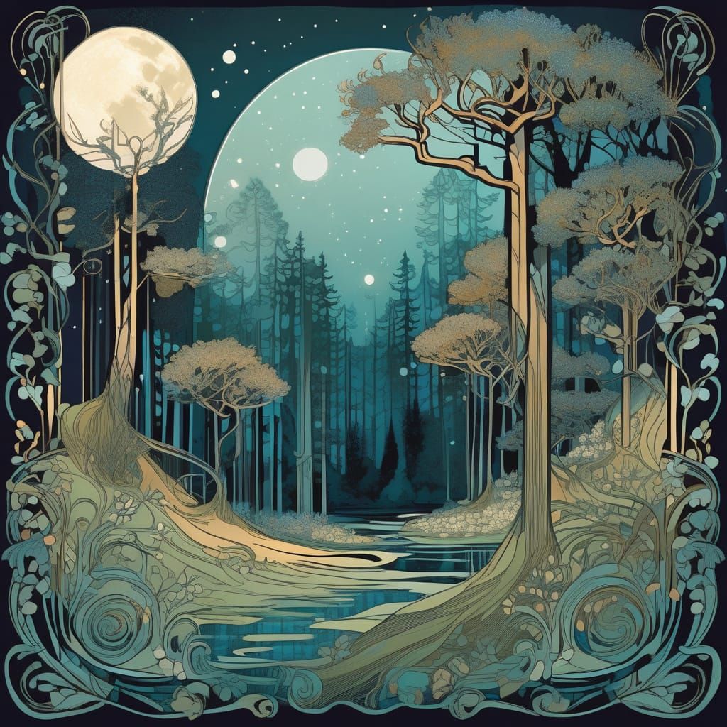 Art Nouveau Moonlit Forest Illustration