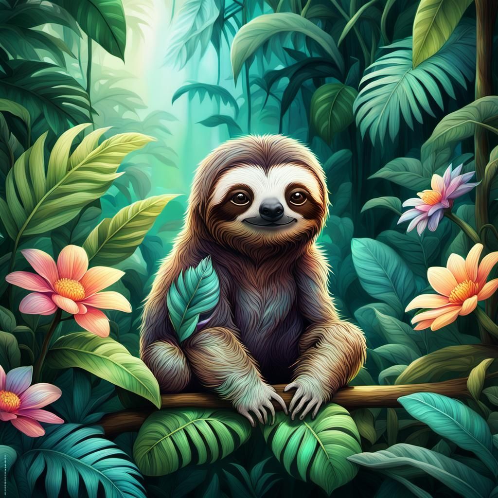 Iridescent Chibi Sloth in a Dreamlike Jungle