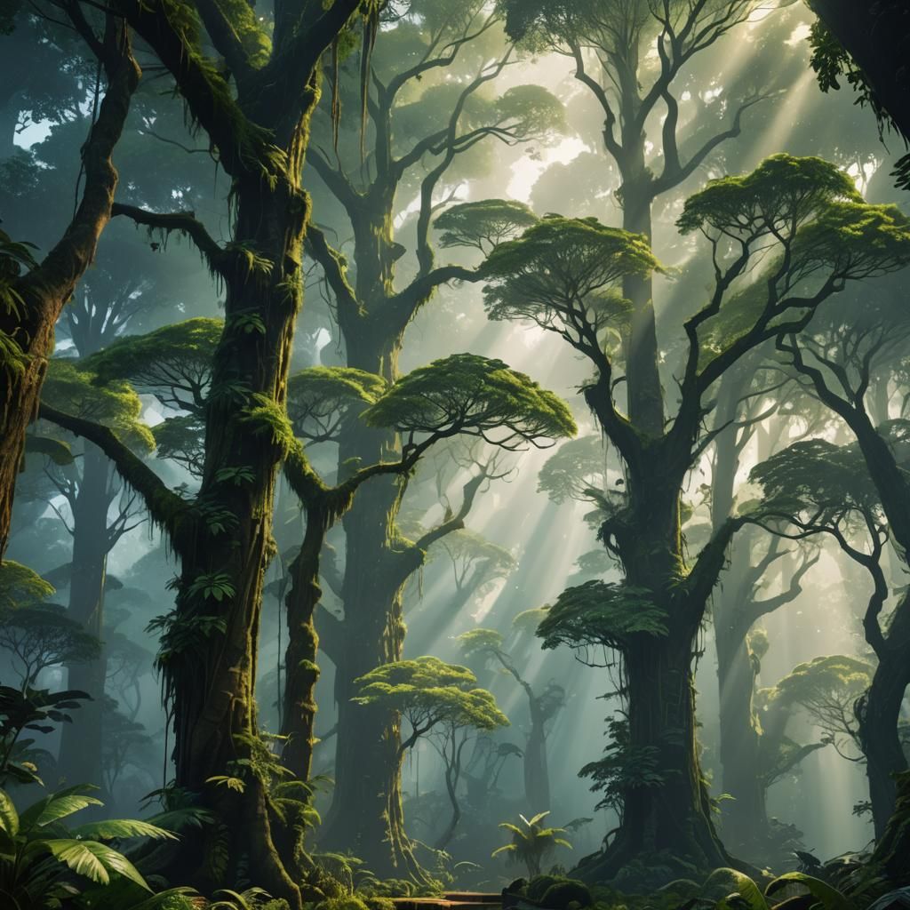 Ethereal Rainforest: Ancient Trees in Detailed Matte Paintin...
