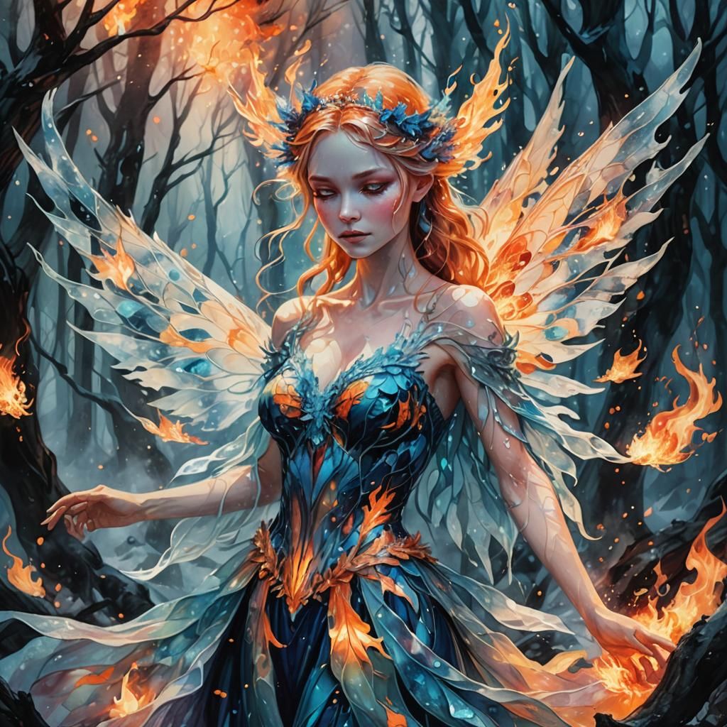 Fire and Ice Fairy in Mystical Forest