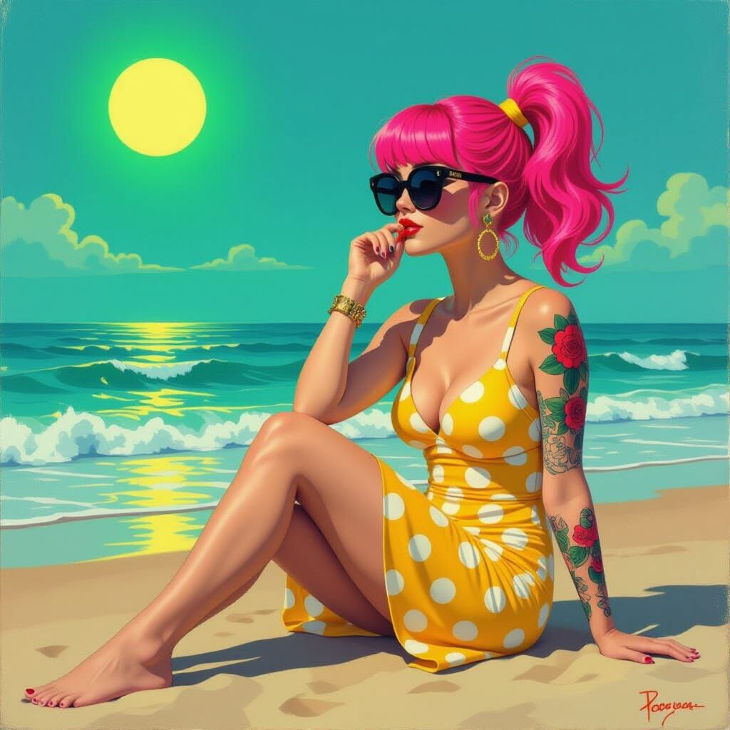 Sassy Beach Lady in Vibrant Oil Painting Style