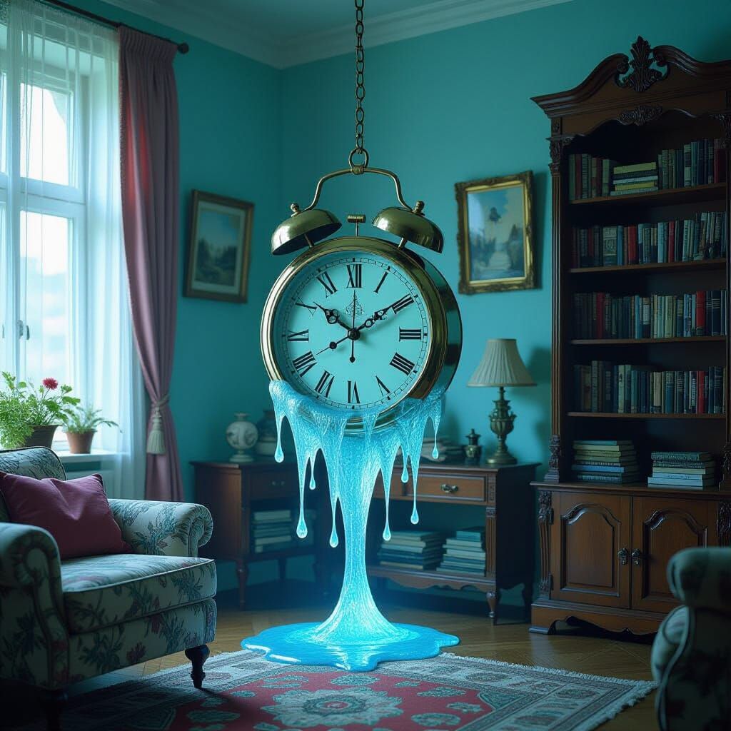 Surreal Melting Clock in Dreamlike Living Room