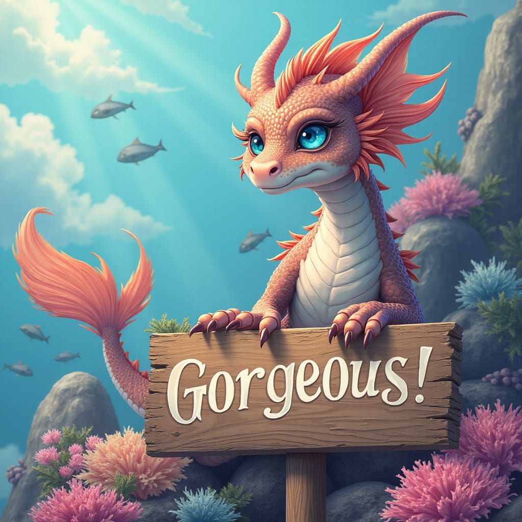 Magnificent Mermaid Dragon Sits on Coral Sign