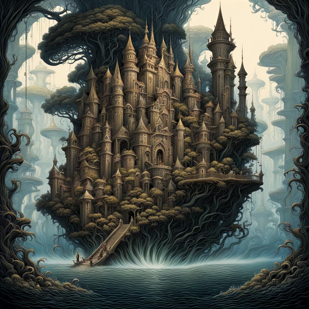 Magical Underwater City with Wizards in Chiaroscuro