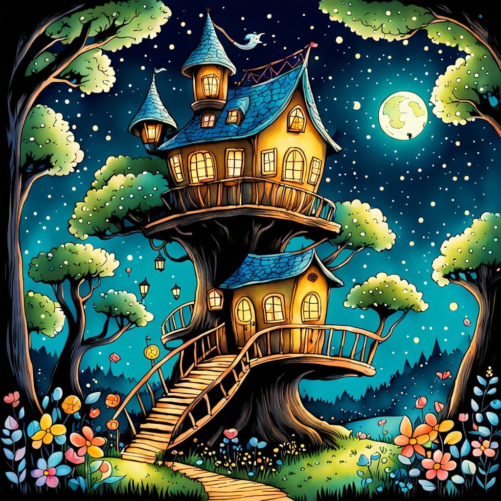 Whimsical Enchanted Treehouse Under Starry Night Sky