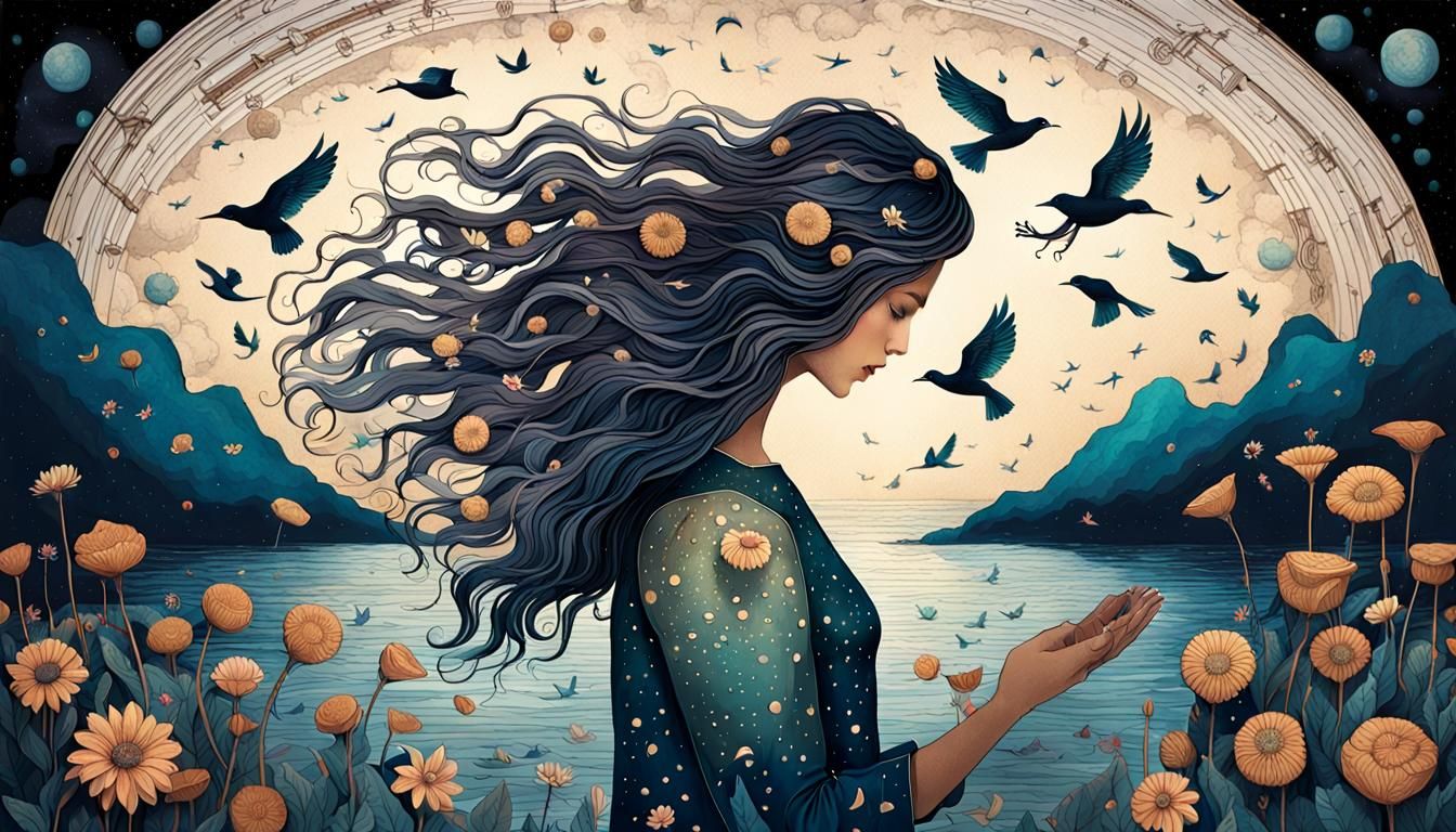 Woman Holding Galaxy in Watercolor Universe