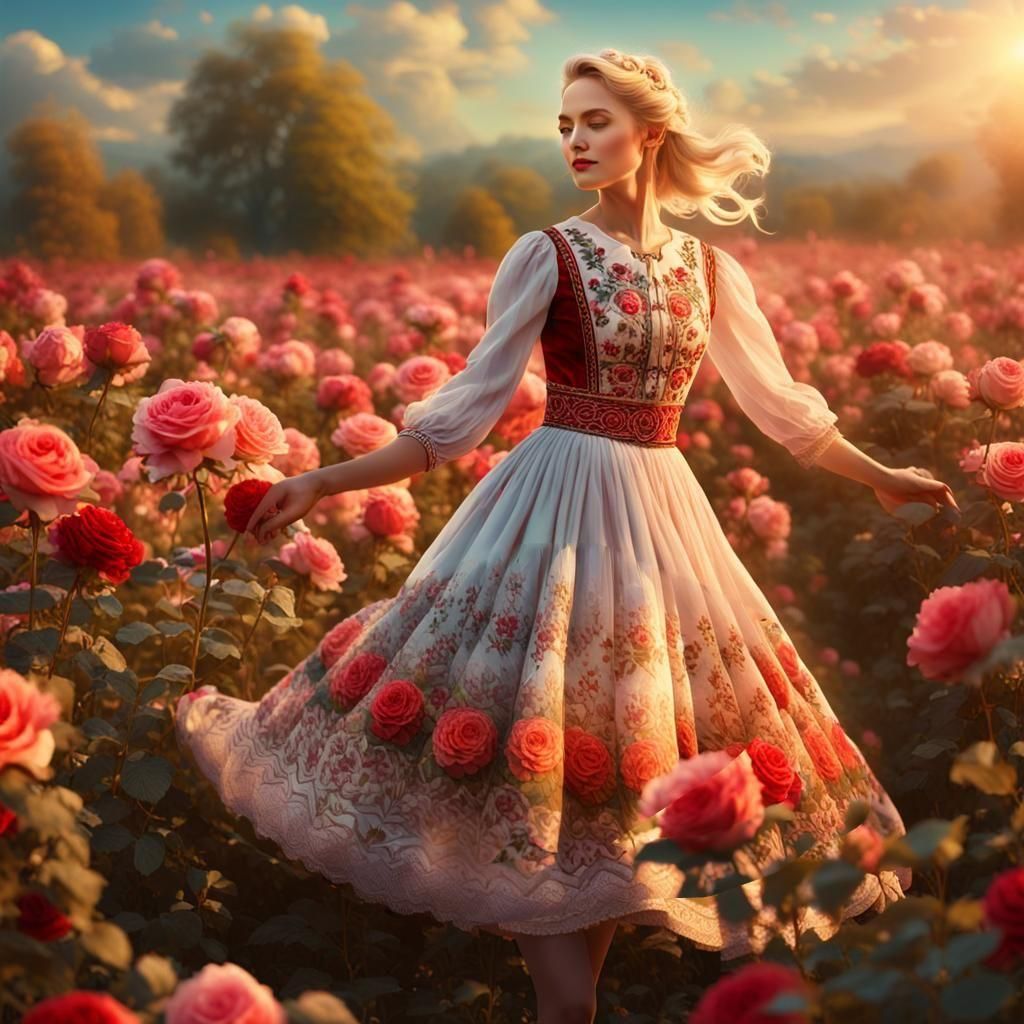 Blonde Woman in Hungarian Folk Dress at Rose Field