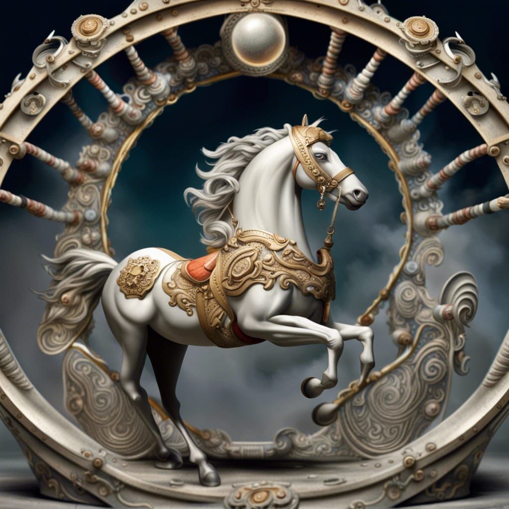 Surreal Carousel Rings Around Moon: Oil Painting