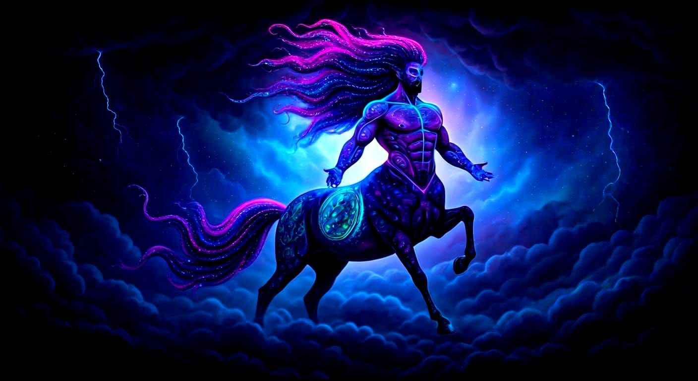Neon Cosmic Centaur in Stormy Sky