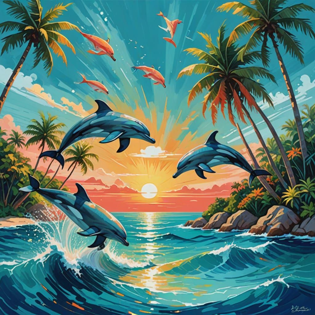 Vibrant Tropical Dolphins in a Fauvist-Inspired Gouache Pain...