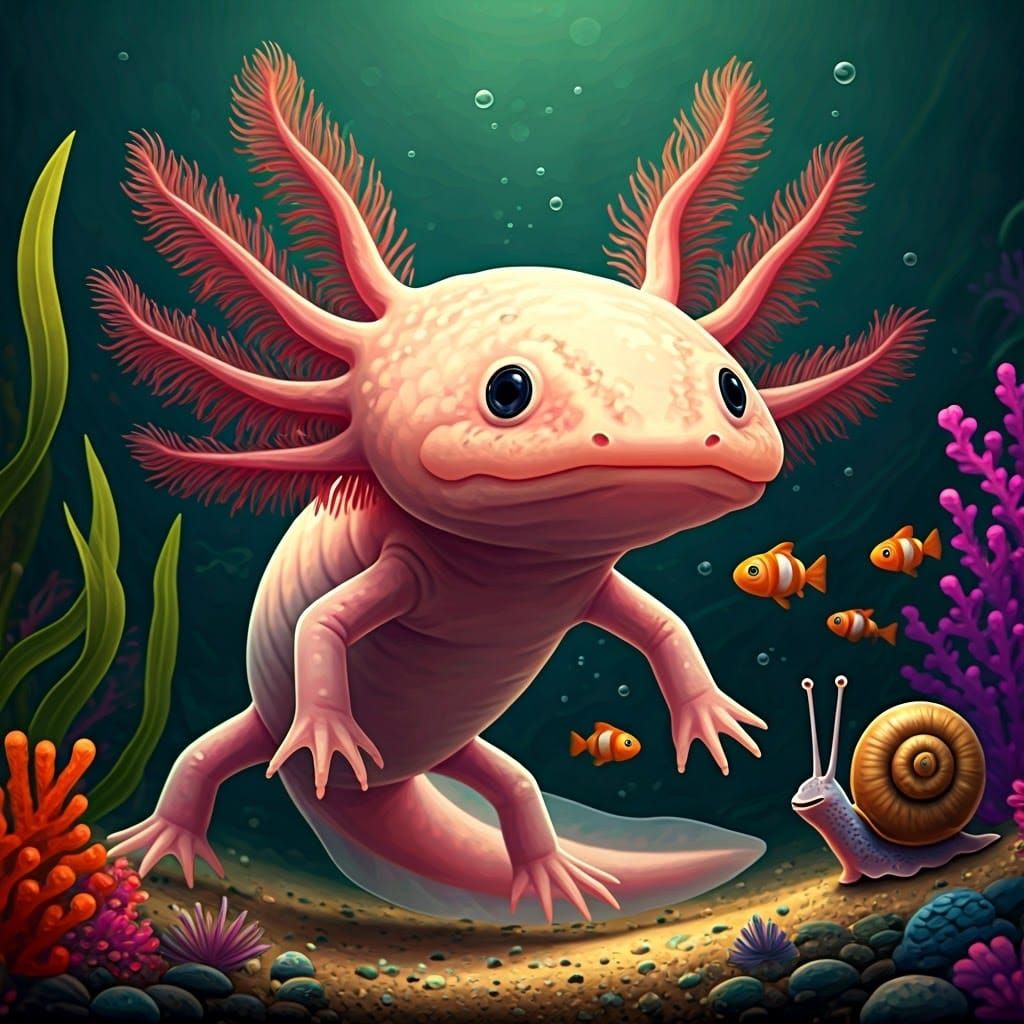 Cartoon Pink Axolotl and Friends in Underwater Scene