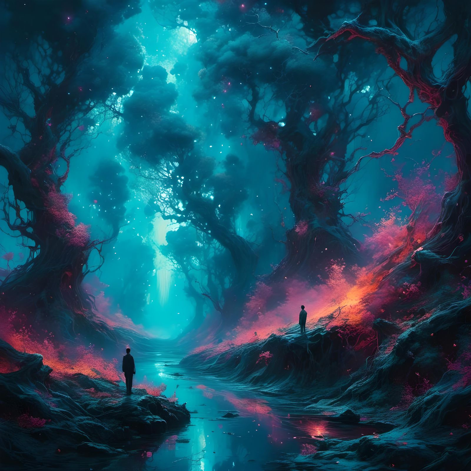 Bioluminescent Forest with Mystical Creatures and Glowing Fl...