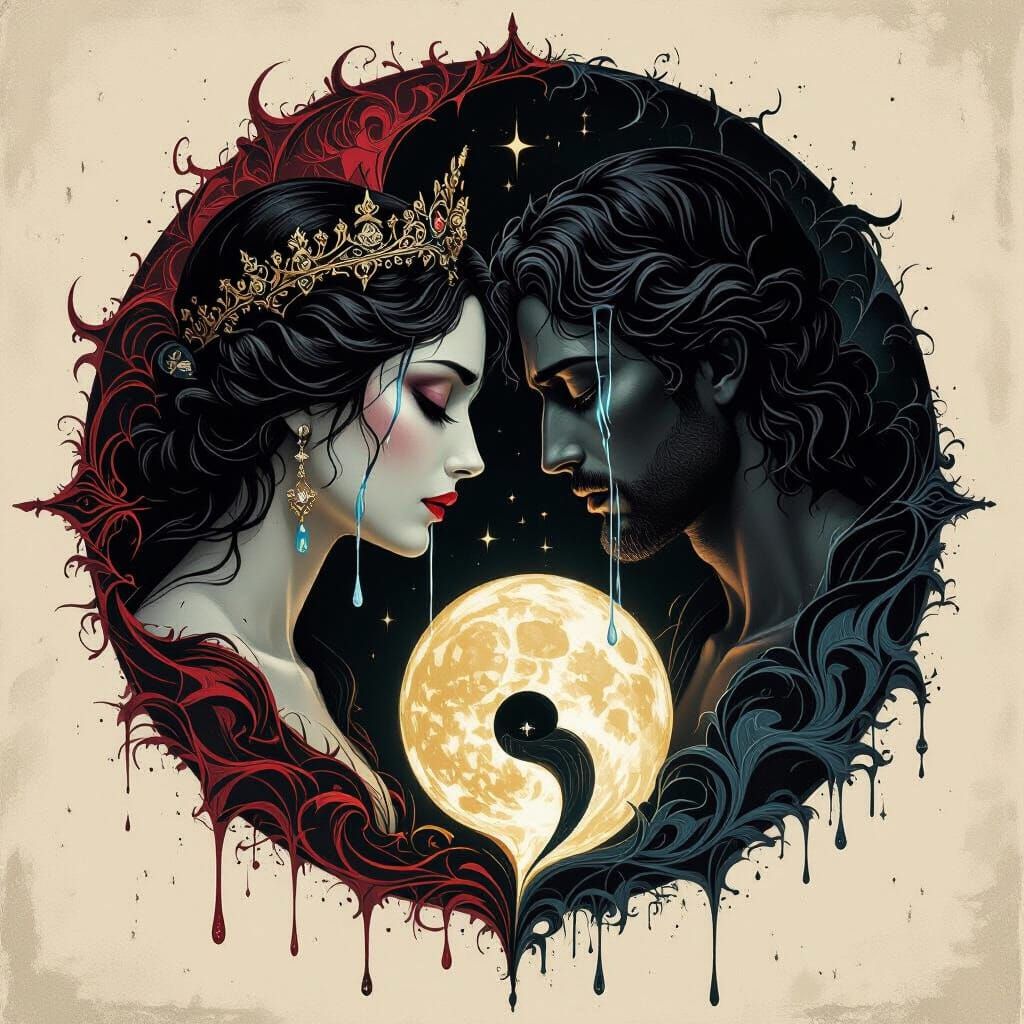 Divine Duality: Crying Figures Yin Yang in Chiaroscuro Style