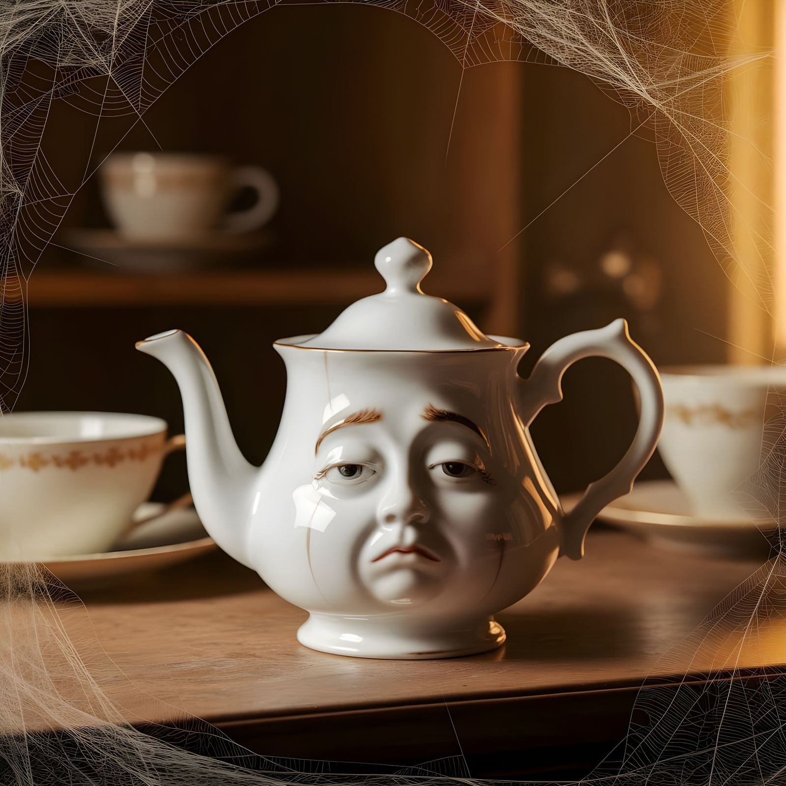 Sad Teapot in a Warmly Lit Vintage Kitchen