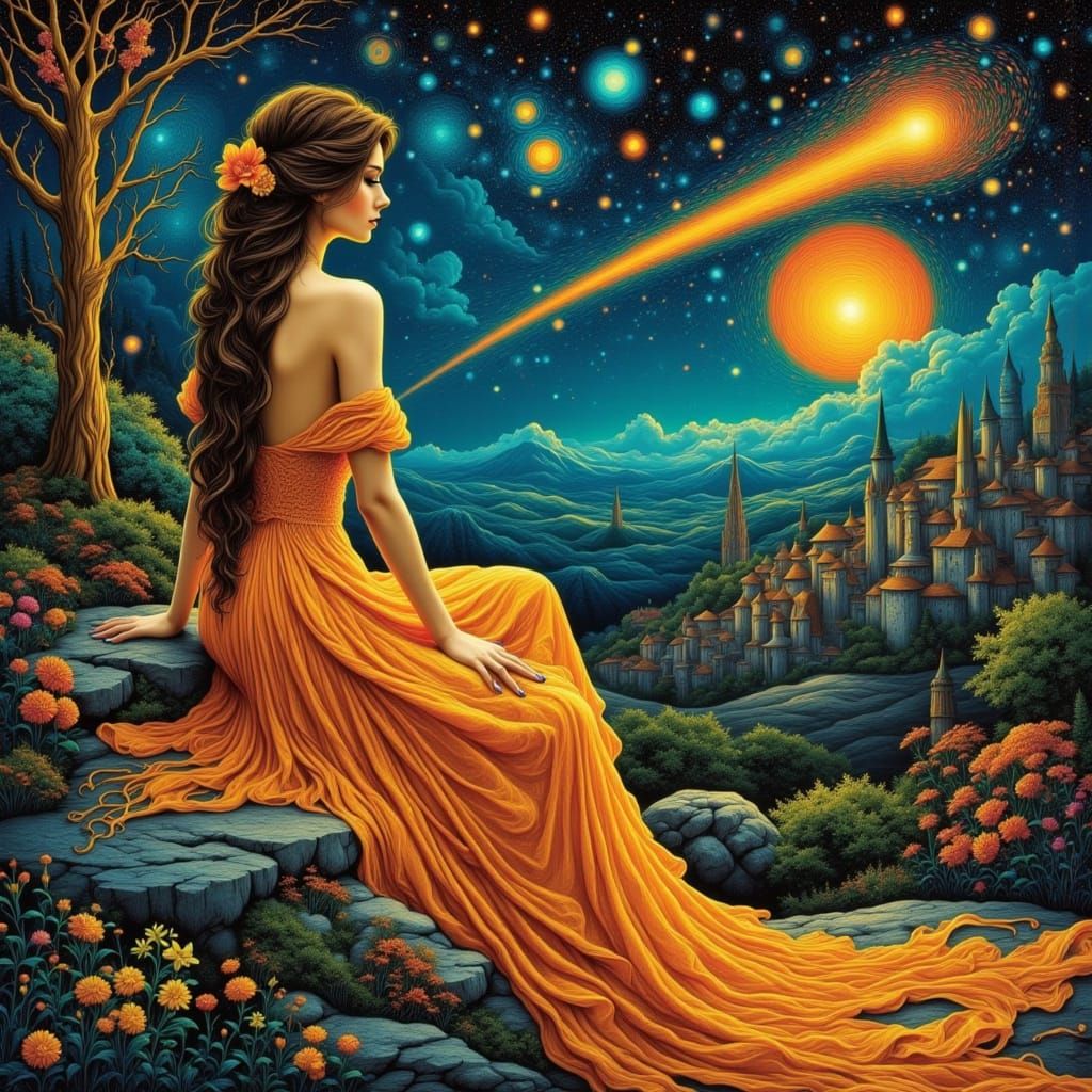 Ethereal Woman in Flowing Gown Gazes at Starry Sky