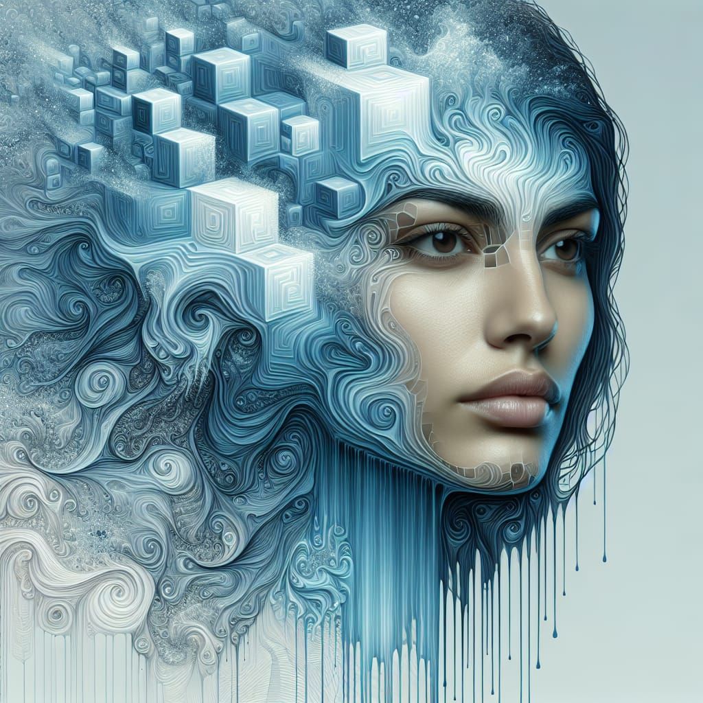 Surreal Latino Woman Portrait with Melting Cubes