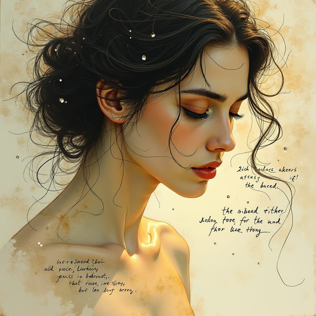 Introspective Woman Surrounded by Calligraphic Whispers