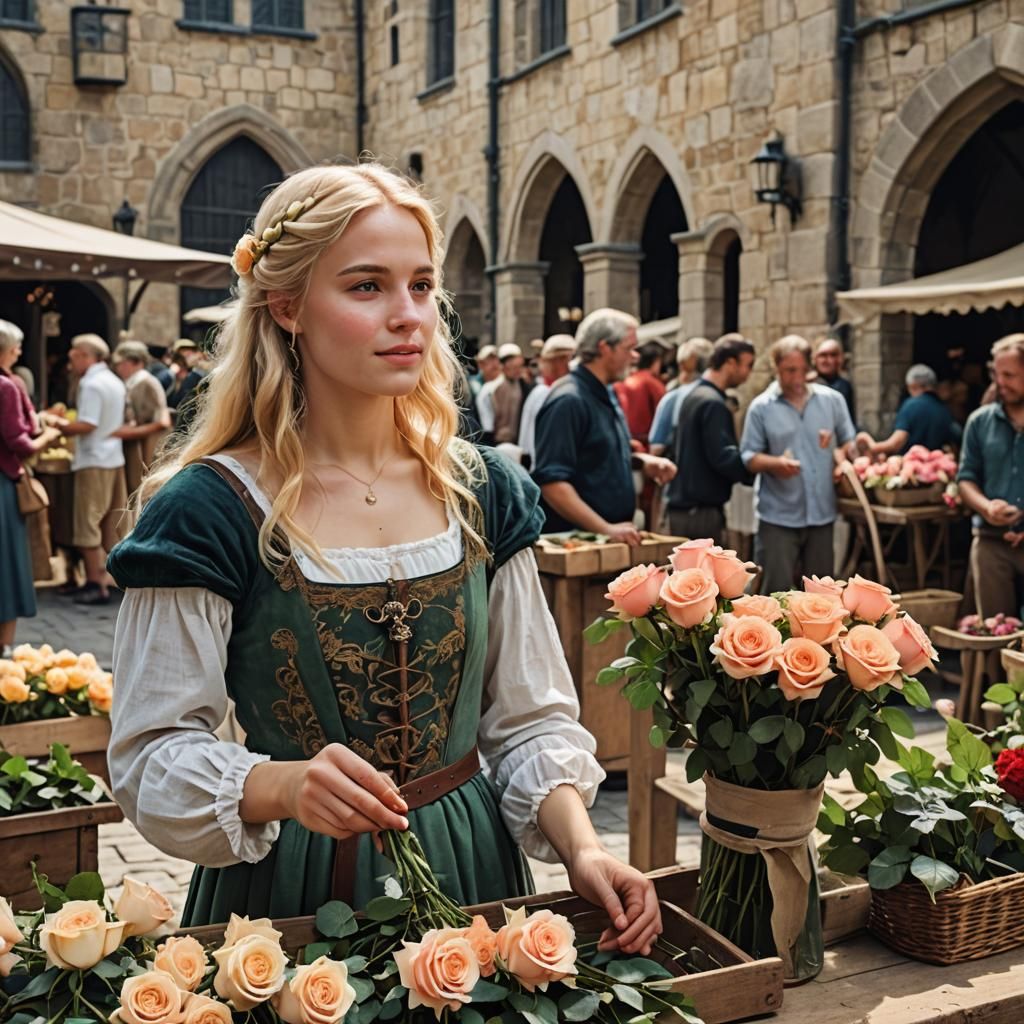 Blonde Woman Selling Roses at Medieval Market