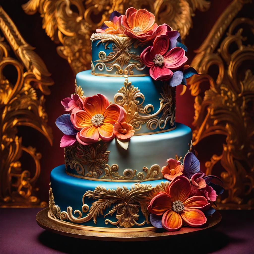 Elaborate Floral Wedding Cake in Hyperrealistic Style