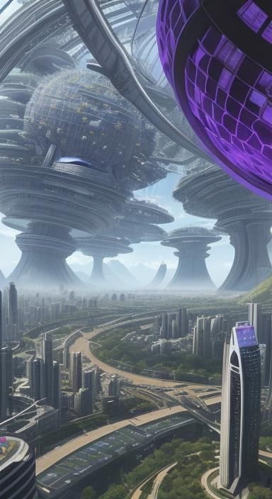 Utopian City Inside Dyson Sphere, Wide Colorful View