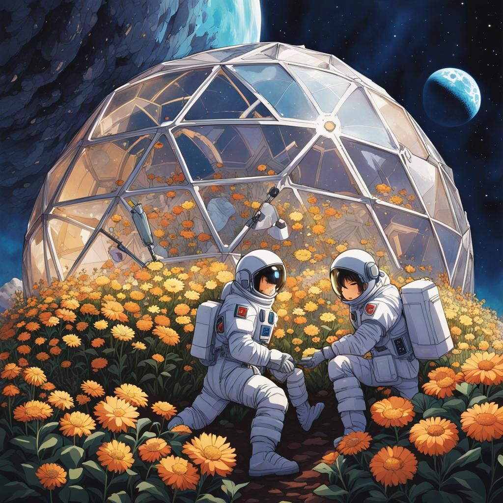 Astronauts in Lunar Dome Tend Flowers: Anime Style