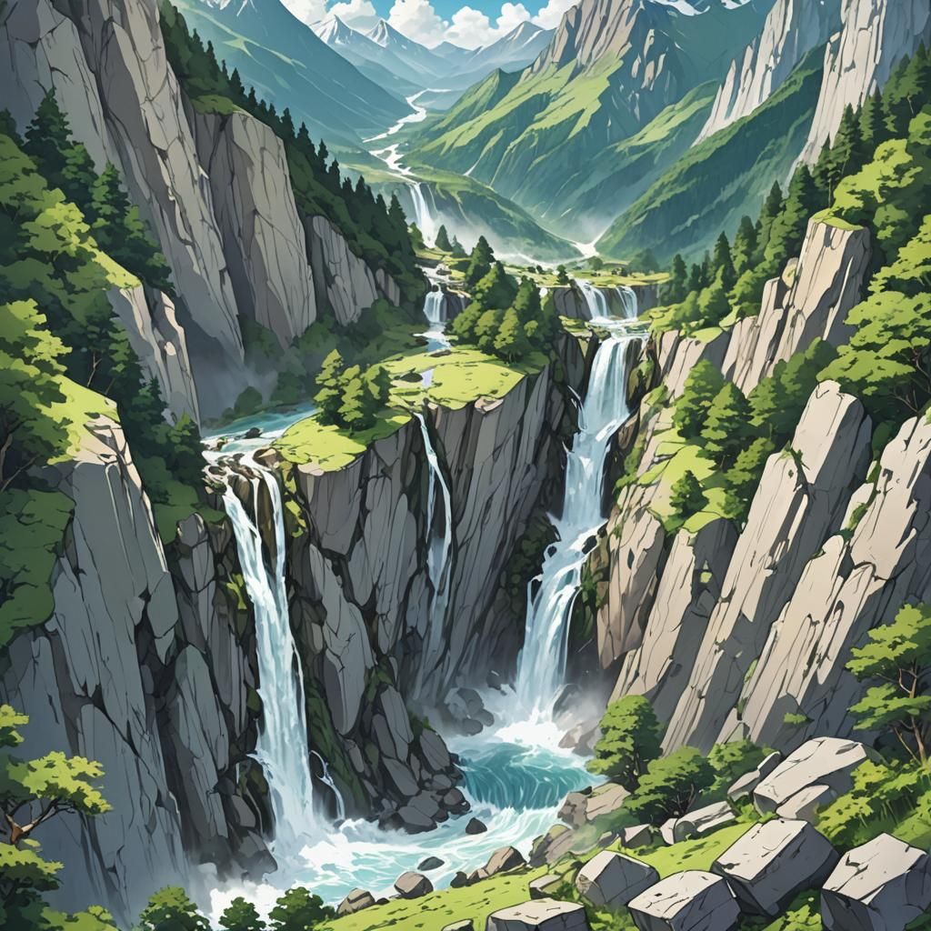 Alpine Waterfall in Anime Style