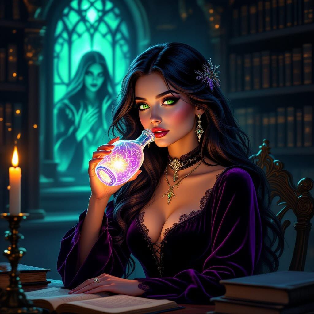 Witch Uncovers Secret with Magical Bottle in Ancient Library