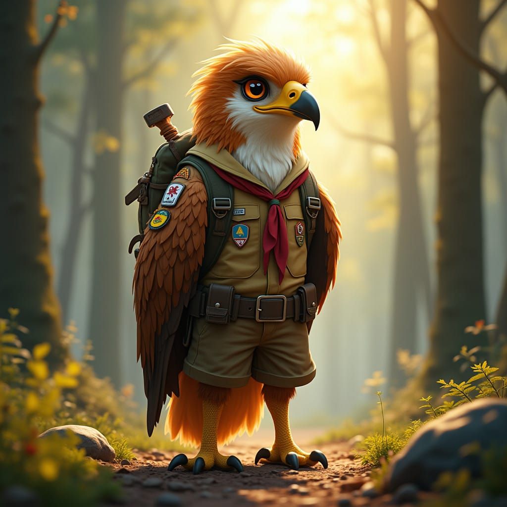 Hyperrealistic Boy Scout Eagle in Sunlit Forest