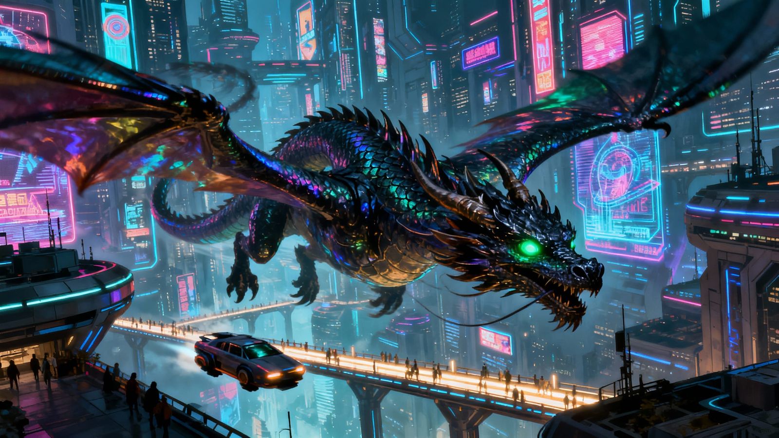 Cyberpunk Dragon Soars Over Neon City